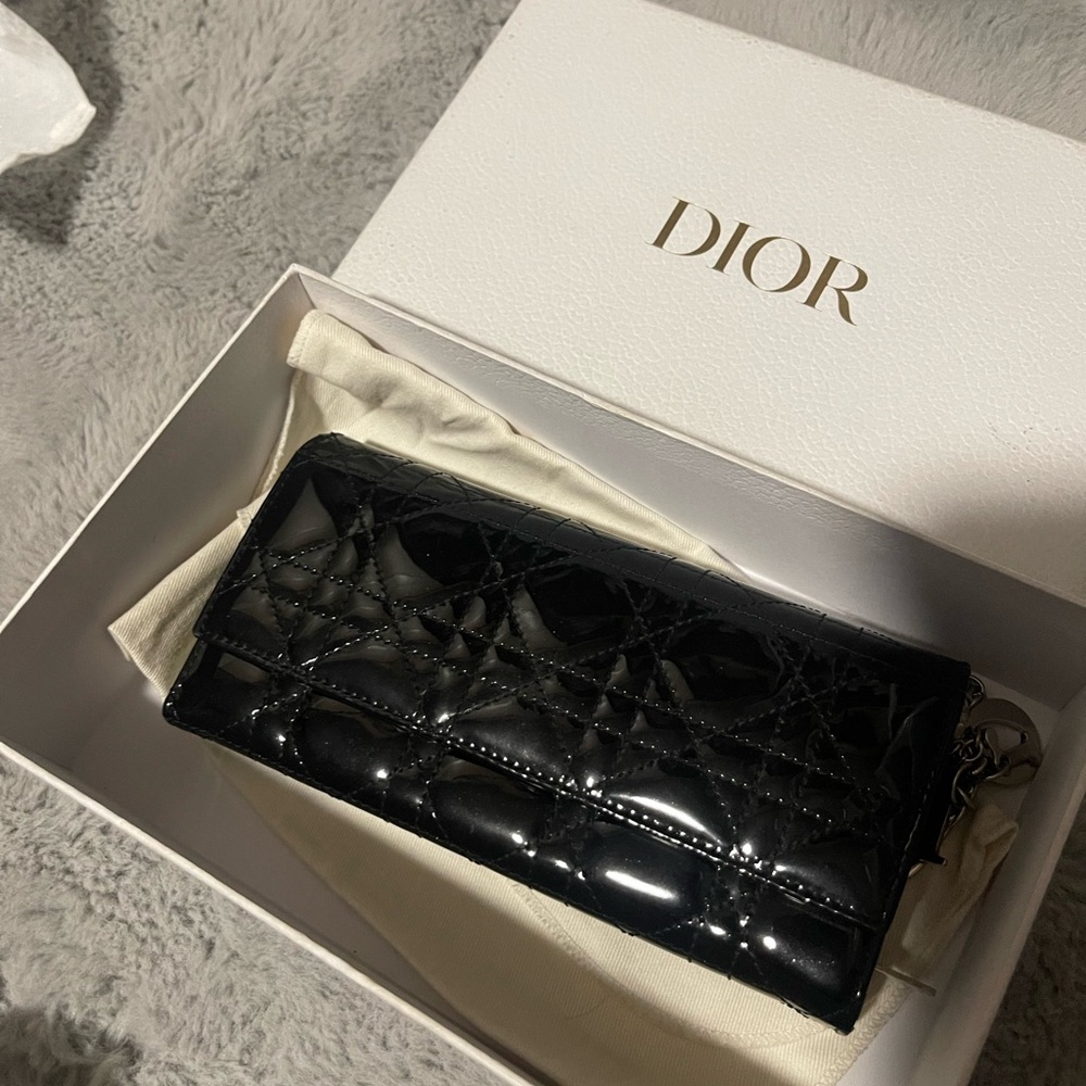 Dior Cannage Black Patent Quilted Wallet on Chain with Silver Hardware